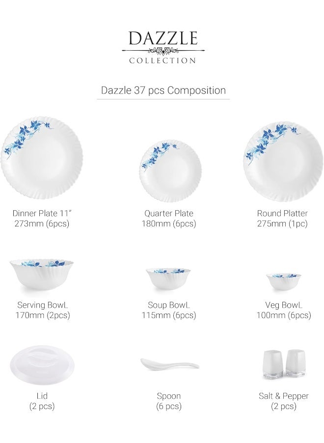 Cello Opalware Dazzle Blue Swirl Dinner Set, 37Pcs, White - Image 4