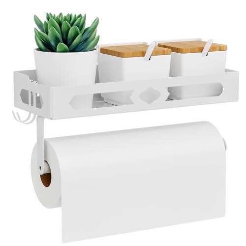 GAGUIUP White Paper Towel Holder Wall Mount with Shelf Adhesive Hand Towel Rack SpaceSaving for Bathroom Kitchen RV Camper - Image 1