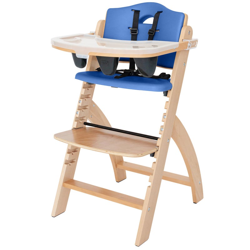 Abiie Beyond Junior Wooden High Chair with Tray Adjustable and Convertible High Chair for Babies and Toddlers 6 Months to 250 Lb Water Resistant Natural WoodBlueberry Cushion
