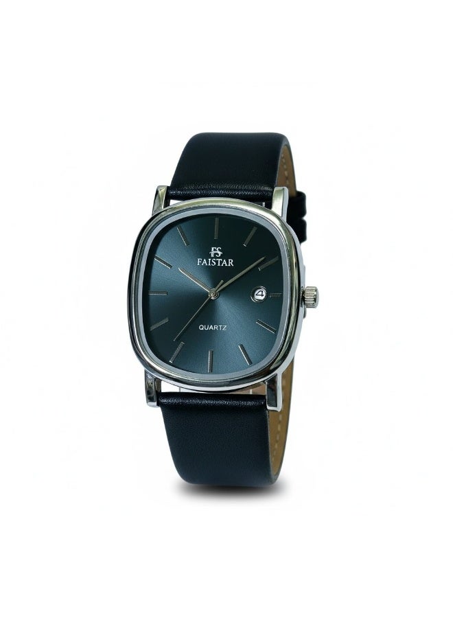 FAISTAR Azure Classic FT430G Analog Watch for Men Black Dial Silver Case Black Leather Strap Quartz Date Display - Image 1