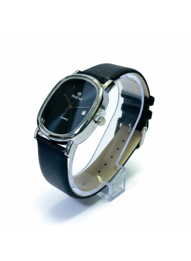 FAISTAR Azure Classic FT430G Analog Watch for Men Black Dial Silver Case Black Leather Strap Quartz Date Display - Image 2
