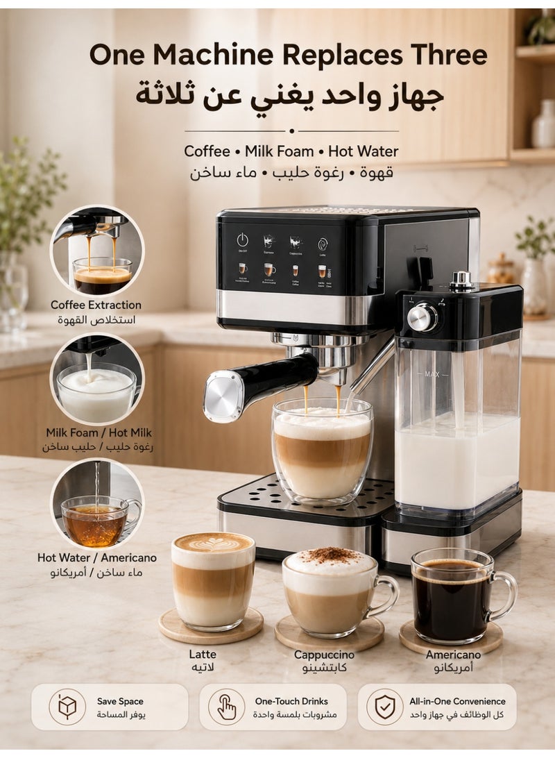 TEKSTA Espresso Machine, Espresso Coffee Machine|20 Bar, 1350W|, Coffee Machine with Milk Tank, Semi-Automatic Coffee Maker with Milk Frother, Cappuccino Machine for Latte & Macchiato - Image 2