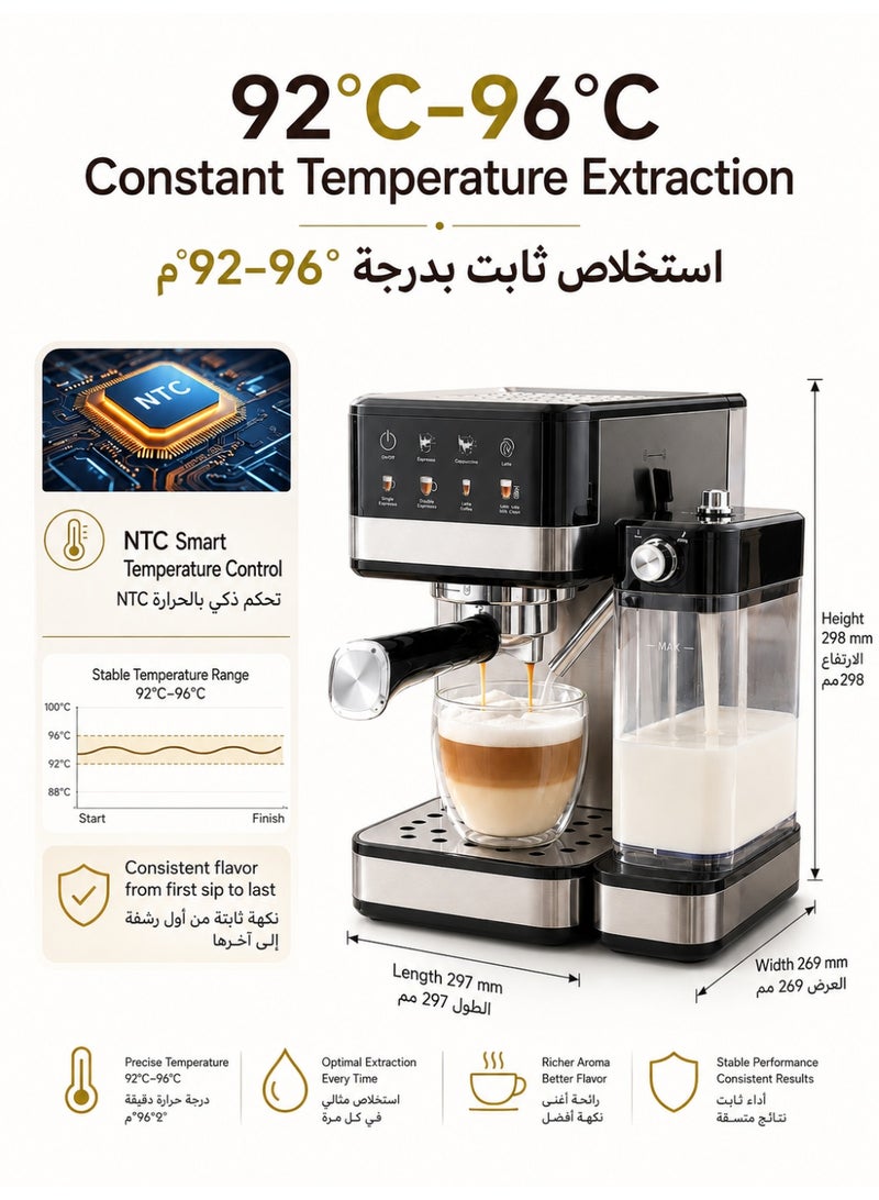 TEKSTA Espresso Machine, Espresso Coffee Machine|20 Bar, 1350W|, Coffee Machine with Milk Tank, Semi-Automatic Coffee Maker with Milk Frother, Cappuccino Machine for Latte & Macchiato - Image 5