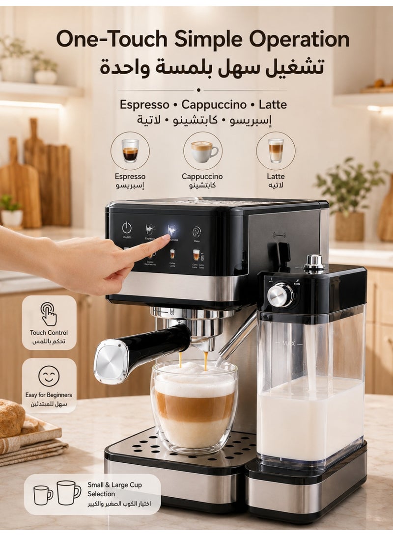 TEKSTA Espresso Machine, Espresso Coffee Machine|20 Bar, 1350W|, Coffee Machine with Milk Tank, Semi-Automatic Coffee Maker with Milk Frother, Cappuccino Machine for Latte & Macchiato - Image 3