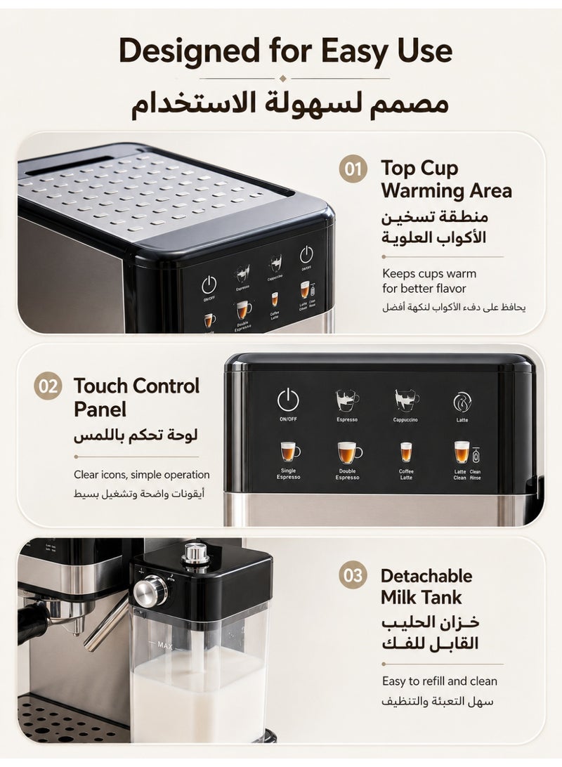 TEKSTA Espresso Machine, Espresso Coffee Machine|20 Bar, 1350W|, Coffee Machine with Milk Tank, Semi-Automatic Coffee Maker with Milk Frother, Cappuccino Machine for Latte & Macchiato - Image 4