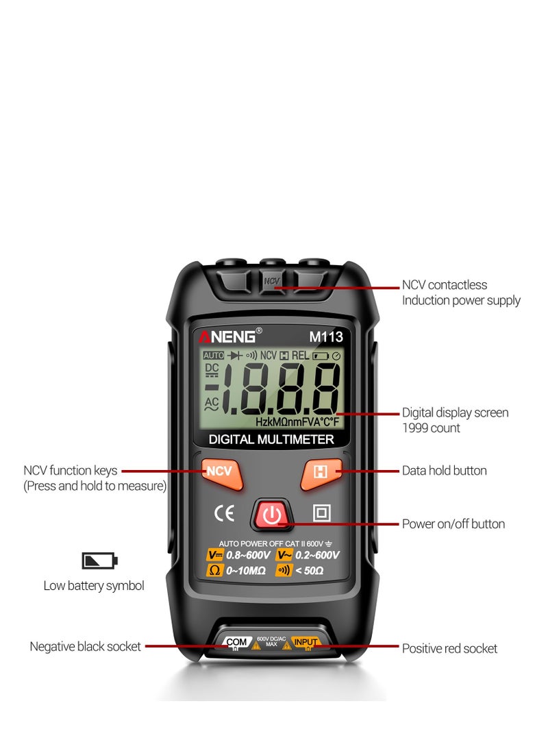 Multimeter Tester Meter, Digital Multimeter Tester with On Off Beeps, Auto Identity Data Retention, Auto Off Function Voltage Tester, M113 Multimeter Voltage Resistance Ncv Meter 1999count