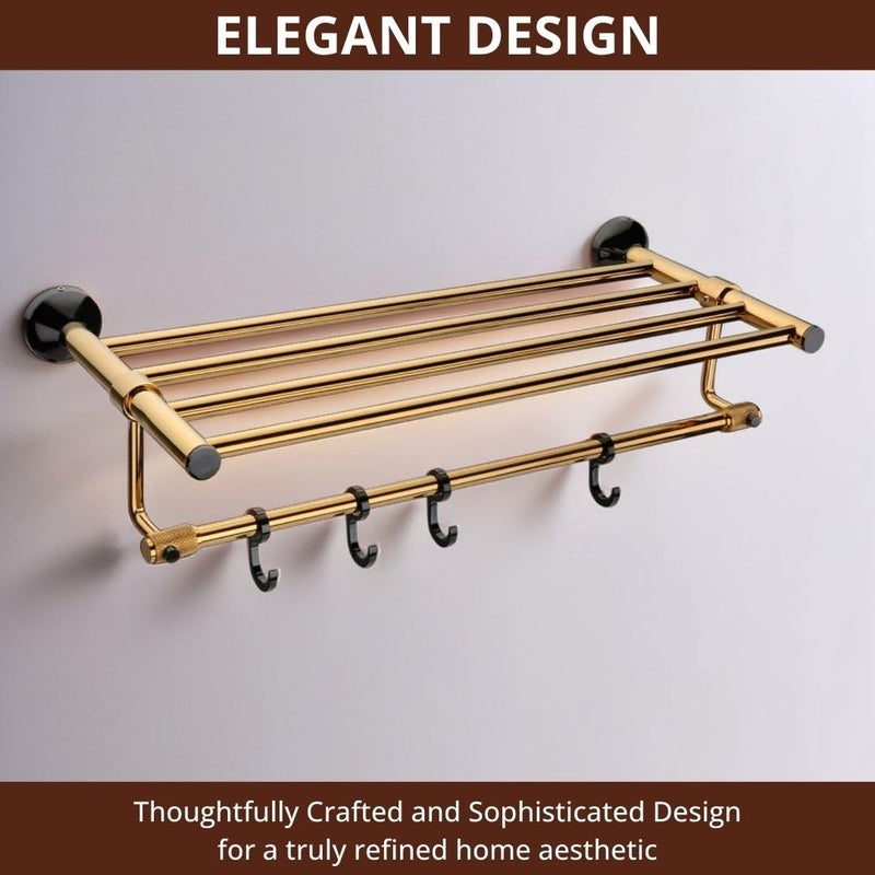 LUXIUR Towel Rack for Bathroom, Shelf for Wall with Towel Hooks, Towel Rack, Kitchen Accessories Items Wall Mounted for Heavy-Duty Elegance and Organized Bathrooms, PVD Gold - Image 2