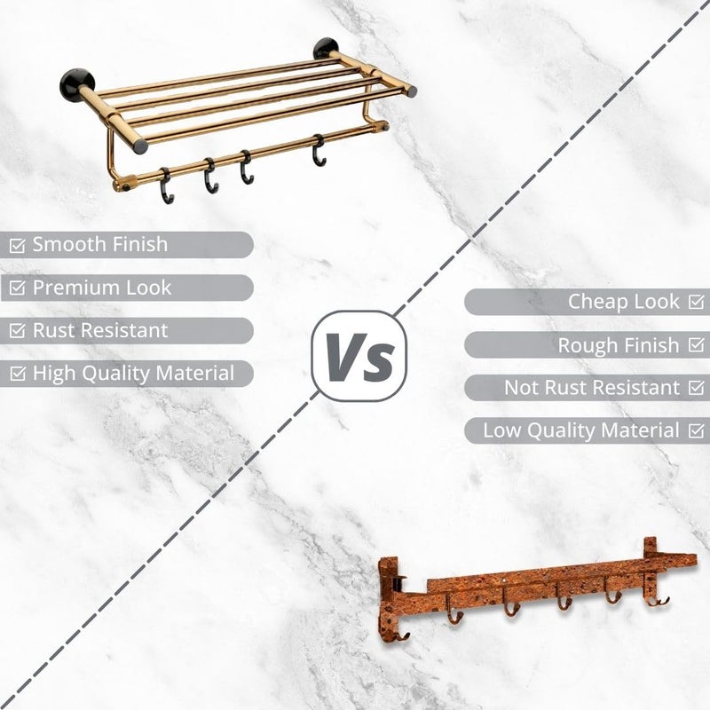 LUXIUR Towel Rack for Bathroom, Shelf for Wall with Towel Hooks, Towel Rack, Kitchen Accessories Items Wall Mounted for Heavy-Duty Elegance and Organized Bathrooms, PVD Gold - Image 5
