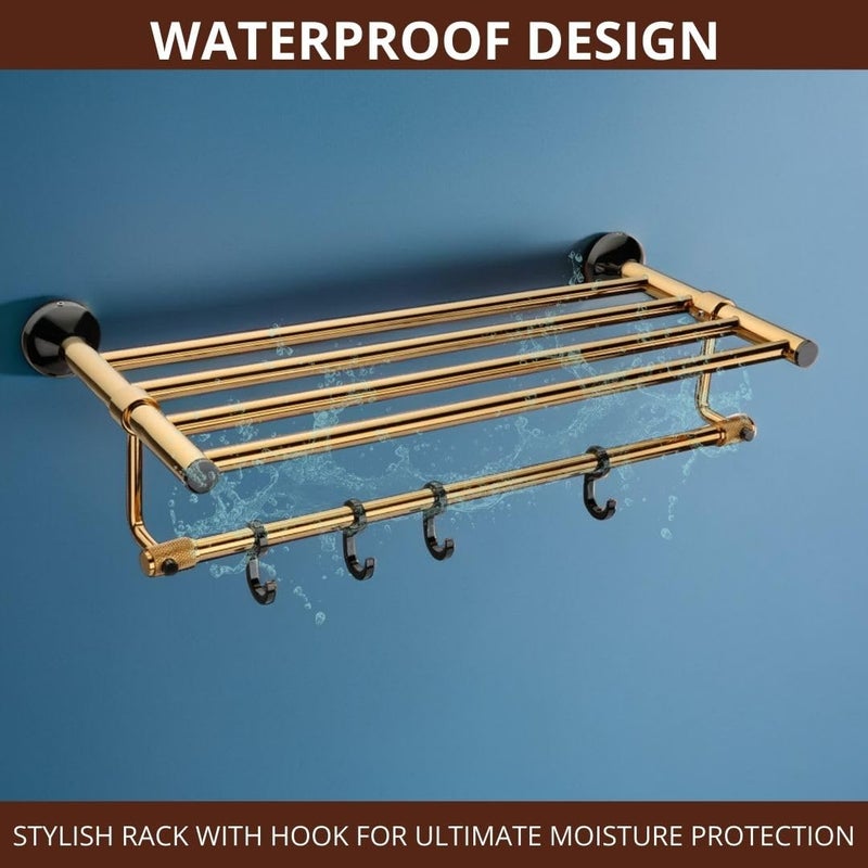 LUXIUR Towel Rack for Bathroom, Shelf for Wall with Towel Hooks, Towel Rack, Kitchen Accessories Items Wall Mounted for Heavy-Duty Elegance and Organized Bathrooms, PVD Gold - Image 4