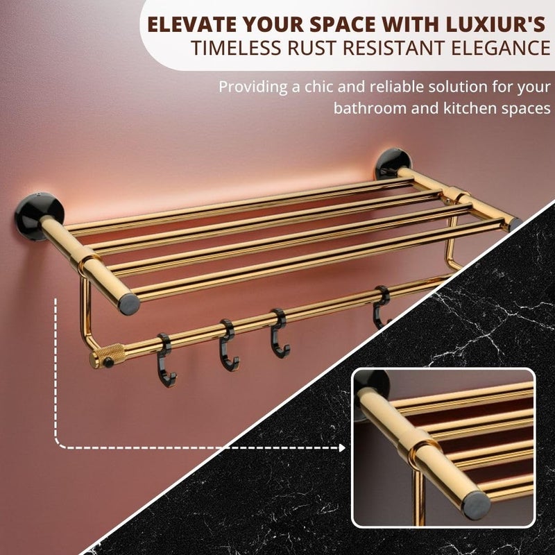 LUXIUR Towel Rack for Bathroom, Shelf for Wall with Towel Hooks, Towel Rack, Kitchen Accessories Items Wall Mounted for Heavy-Duty Elegance and Organized Bathrooms, PVD Gold - Image 3