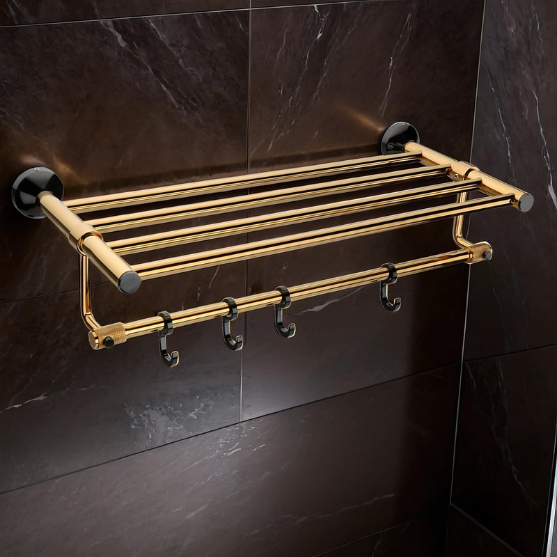 LUXIUR Towel Rack for Bathroom, Shelf for Wall with Towel Hooks, Towel Rack, Kitchen Accessories Items Wall Mounted for Heavy-Duty Elegance and Organized Bathrooms, PVD Gold - Image 1