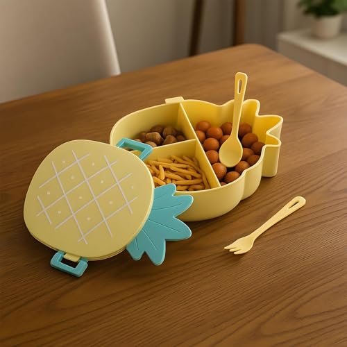 Oblivion Lunch Box - Cute Pineapple Shaped Kids Tiffin Bento Box with 1 Spoon & 1 Fork for School, Picnic, Office & Travel - Portable, Microwave Safe Snack Food Container for Boys & Girls (Pack of 1) - Image 4