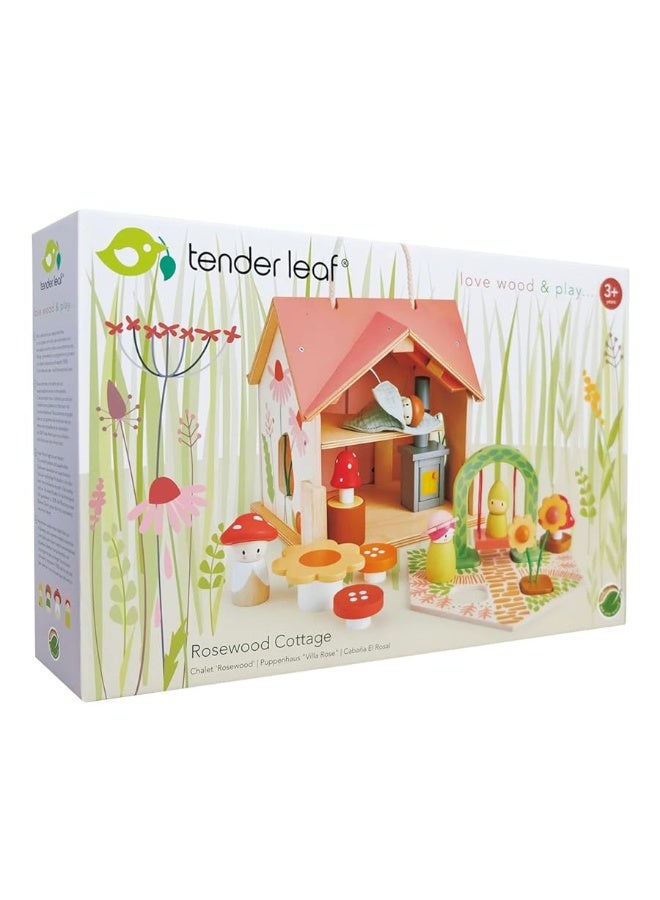 Tender Leaf Toys ألعاب تندر ليف - كوخ الورد - مجموعة منزل دمى خشبي محمول مفروش من طابقين مع مقبض، 4 قطع من عائلة الفطر المصغرة مع 10 ملحقات - هدية للعب التخيلي للأطفال - العمر 3 سنوات فما فوق - Image 1