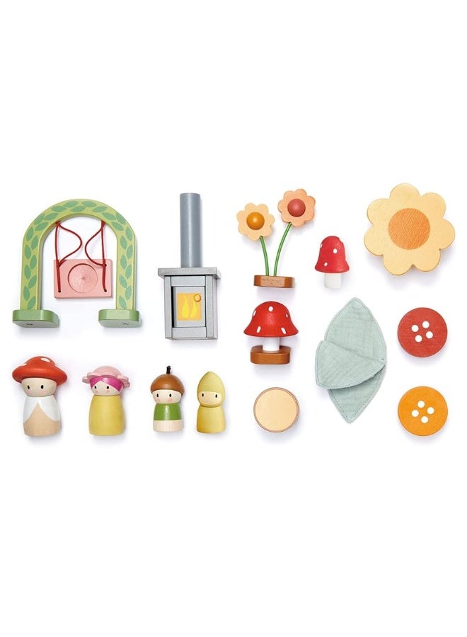 Tender Leaf Toys ألعاب تندر ليف - كوخ الورد - مجموعة منزل دمى خشبي محمول مفروش من طابقين مع مقبض، 4 قطع من عائلة الفطر المصغرة مع 10 ملحقات - هدية للعب التخيلي للأطفال - العمر 3 سنوات فما فوق - Image 3