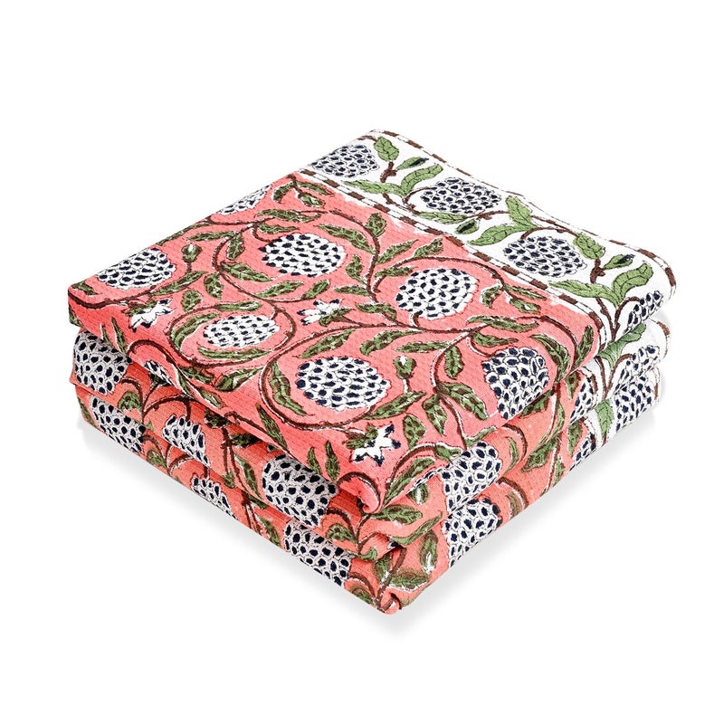Ridhi Dark Salmon Pink Hand Block Print Waffle Kitchen Towel Set of 3-16 x28 Ultra Absorbent Quick Dry 100% Cotton Dish Towels Lightweight Reusable Sustainable Tea Towels for Cleaning and Drying - Image 1