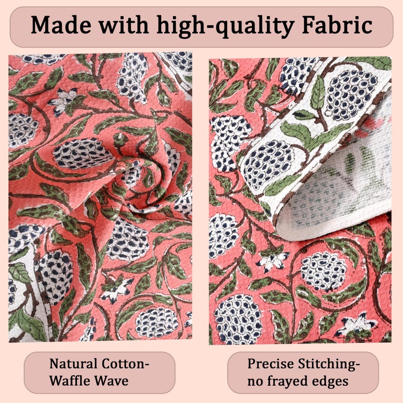 Ridhi Dark Salmon Pink Hand Block Print Waffle Kitchen Towel Set of 3-16 x28 Ultra Absorbent Quick Dry 100% Cotton Dish Towels Lightweight Reusable Sustainable Tea Towels for Cleaning and Drying - Image 2