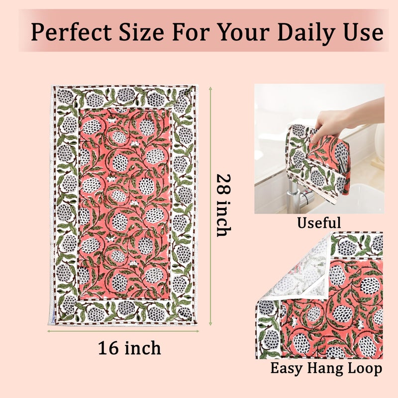 Ridhi Dark Salmon Pink Hand Block Print Waffle Kitchen Towel Set of 3-16 x28 Ultra Absorbent Quick Dry 100% Cotton Dish Towels Lightweight Reusable Sustainable Tea Towels for Cleaning and Drying - Image 3