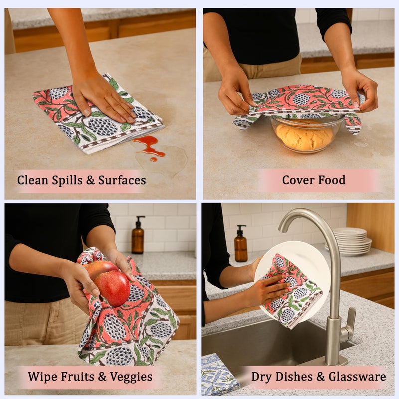 Ridhi Dark Salmon Pink Hand Block Print Waffle Kitchen Towel Set of 3-16 x28 Ultra Absorbent Quick Dry 100% Cotton Dish Towels Lightweight Reusable Sustainable Tea Towels for Cleaning and Drying - Image 4