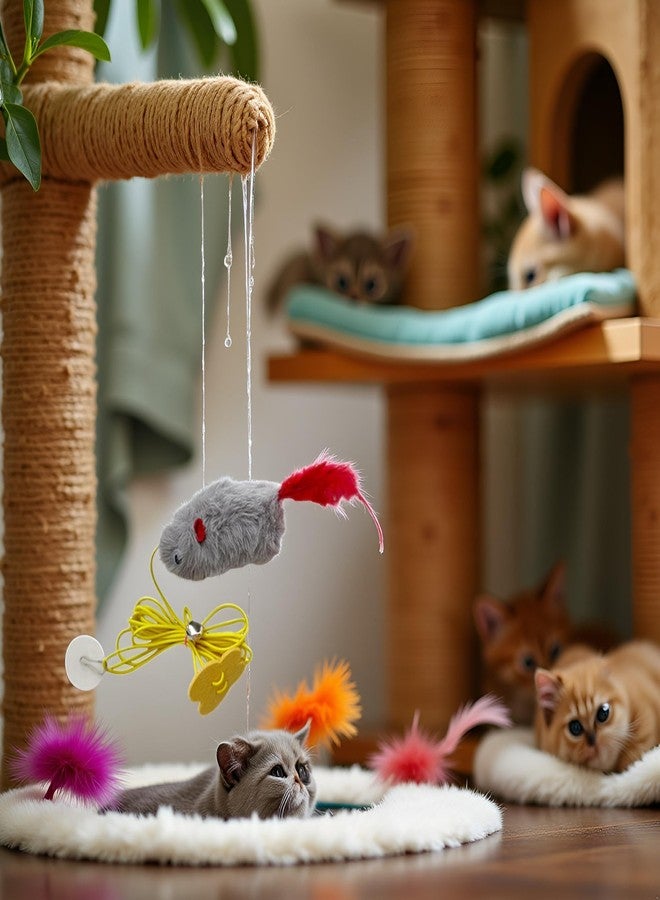 Pxiryanlow Gray Interactive Cat Toy, Hanging Self-Play Little Mouse Shaped Toys, Built-in Sound, Relieve Boredom, Hanging Squeak Mouse Stretchy Feather Plush Cat Toy with Adhesive Hooks - Image 5