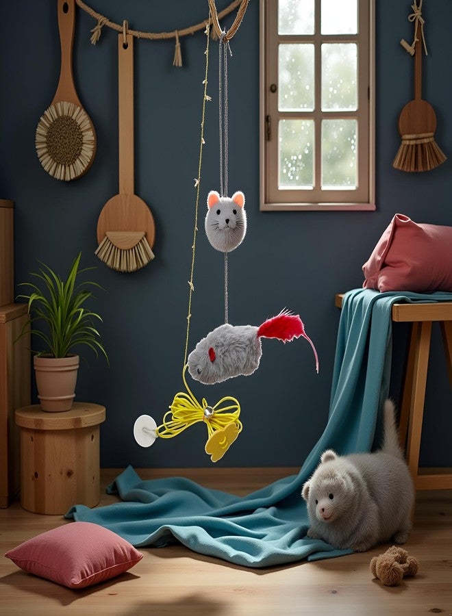 Pxiryanlow Gray Interactive Cat Toy, Hanging Self-Play Little Mouse Shaped Toys, Built-in Sound, Relieve Boredom, Hanging Squeak Mouse Stretchy Feather Plush Cat Toy with Adhesive Hooks - Image 3