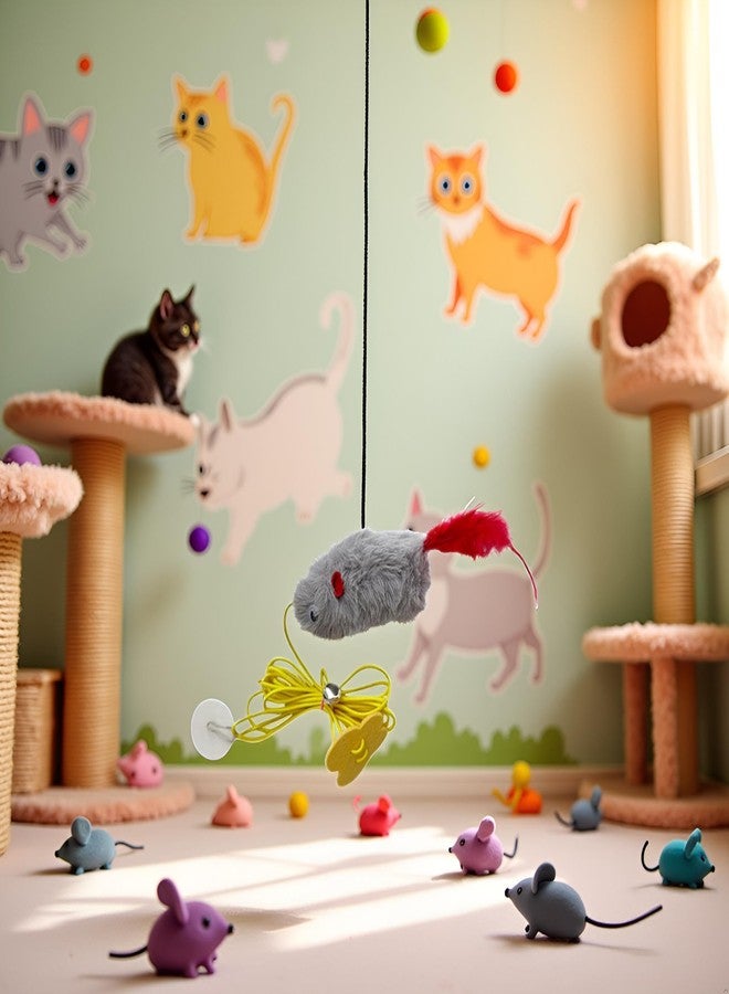 Pxiryanlow Gray Interactive Cat Toy, Hanging Self-Play Little Mouse Shaped Toys, Built-in Sound, Relieve Boredom, Hanging Squeak Mouse Stretchy Feather Plush Cat Toy with Adhesive Hooks - Image 2