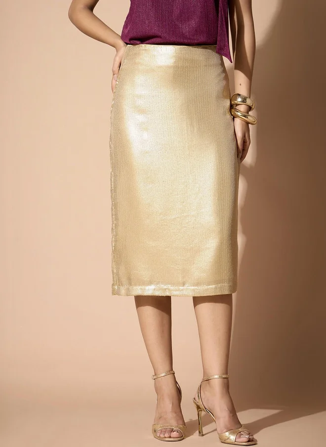 سولت اتاير SALT ATTIRE Women Gold-Toned Knee Length Straight Skirt