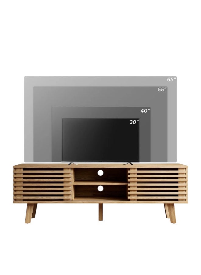 Beit Yusr Slatted Wood TV Unit with Open Shelves and Cabinets – Natural Finish 150cm x 50cm x 40cm - Image 3