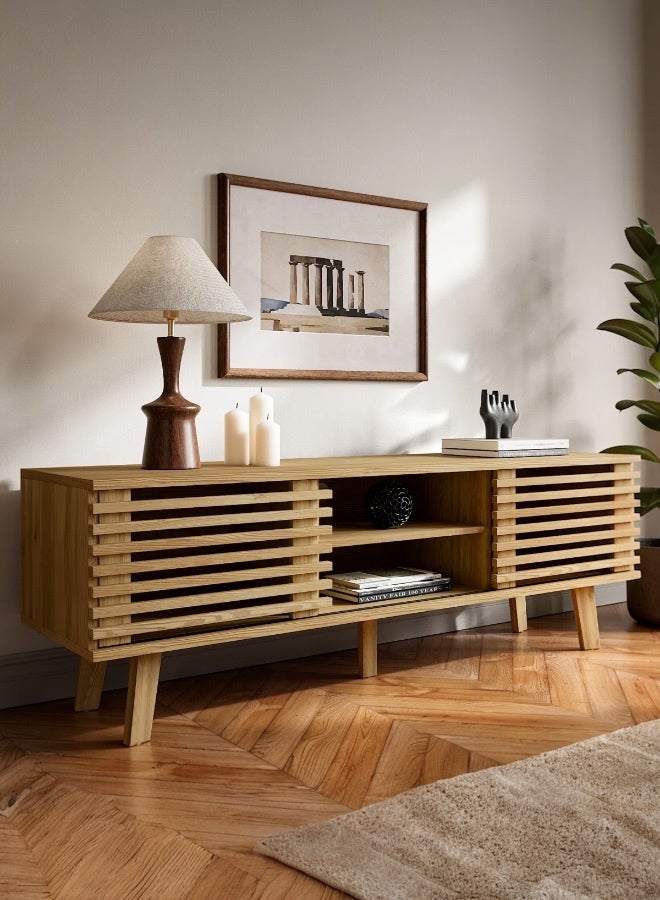 Beit Yusr Slatted Wood TV Unit with Open Shelves and Cabinets – Natural Finish 150cm x 50cm x 40cm - Image 2