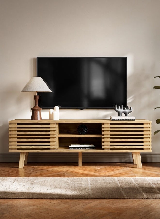 Beit Yusr Slatted Wood TV Unit with Open Shelves and Cabinets – Natural Finish 150cm x 50cm x 40cm - Image 1