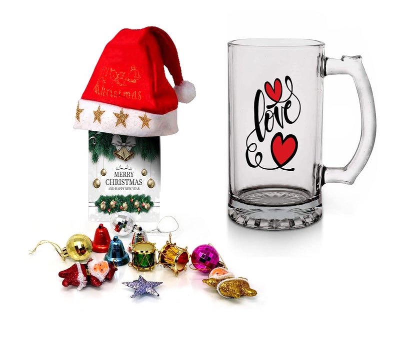 Kesri Gifts Kesri Gifts Christmas Gift Set Printed Beer Mug 12 Christmas Ornaments with Santa Cap Xmas Greeting Card for Xmas Gift ComboxmBrm21276 - Image 1