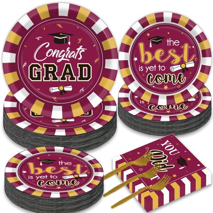 50 GUESTS GRADUATION PARTY PLATES NAPKINS SUPPLIES SET CONGRATS GRAD CLASS OF 2025 DISPOSABLE DINNERWARE TABLEWARE GRAD PARTY DECORATION FAVORS MAROON AND GOLD
