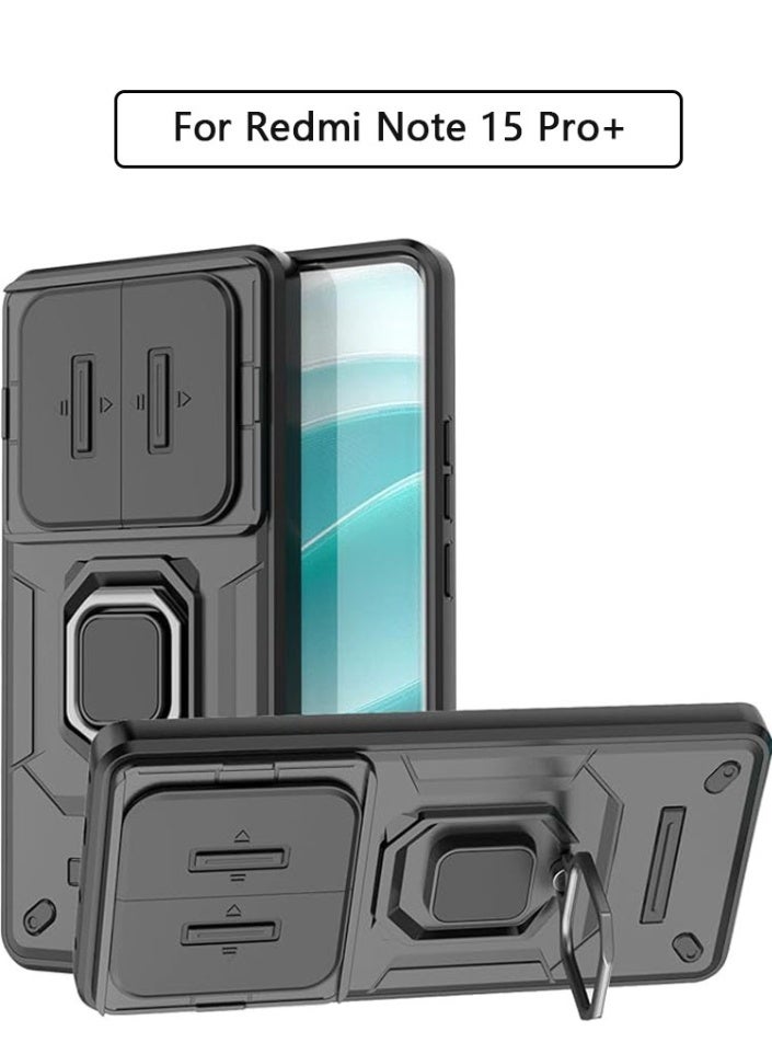 QIRG for XiaoMi RedMi Note 15 Pro Plus Case with Slide Camera Cover, Shockproof Heavy Duty Case with Magnetic Ring Kickstand - Black - Image 1