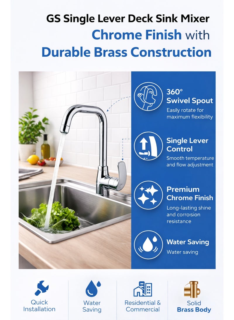 GS Single Lever Deck Mounted Sink Mixer with Swivel Spout Chrome Finish Kitchen Faucet Durable Brass Body - Image 2