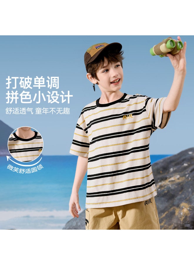 abckids Boy's Short Sleeve T-shirt, 25 Summer Knitted Color-block Striped Mid-child Breathable Running Sports T-shirt - Image 3