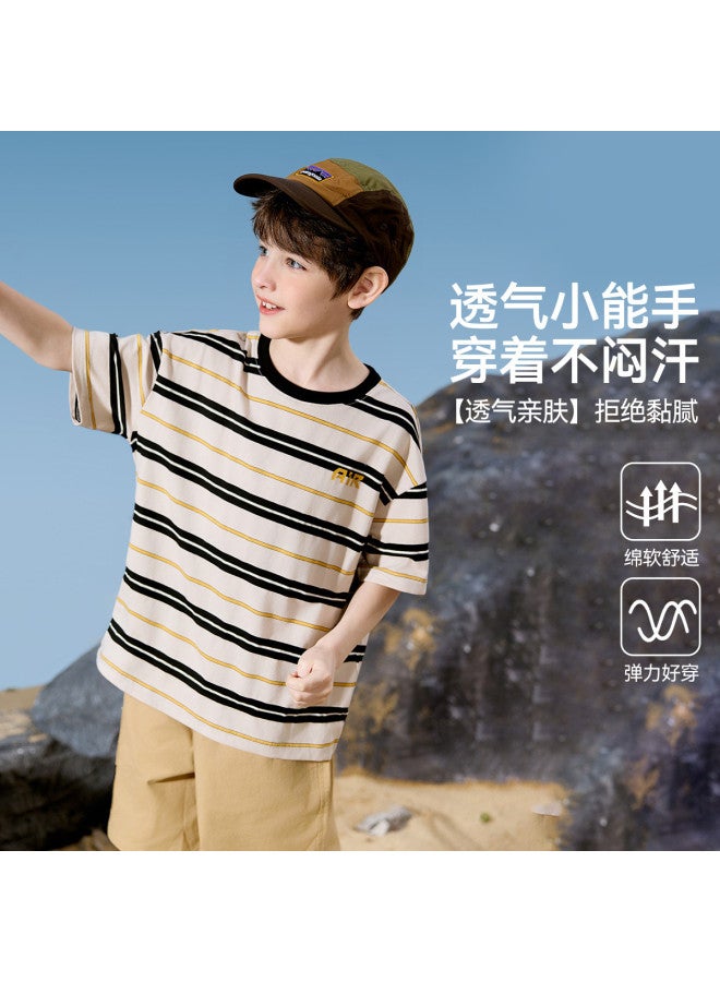 abckids Boy's Short Sleeve T-shirt, 25 Summer Knitted Color-block Striped Mid-child Breathable Running Sports T-shirt - Image 4