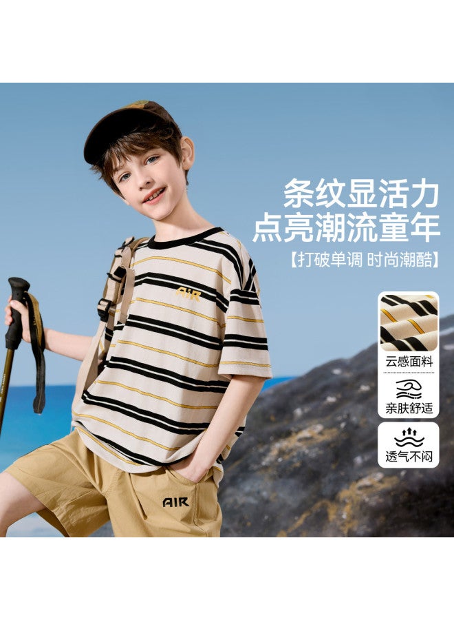 abckids Boy's Short Sleeve T-shirt, 25 Summer Knitted Color-block Striped Mid-child Breathable Running Sports T-shirt - Image 2