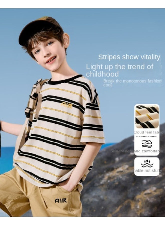 abckids Boy's Short Sleeve T-shirt, 25 Summer Knitted Color-block Striped Mid-child Breathable Running Sports T-shirt - Image 1