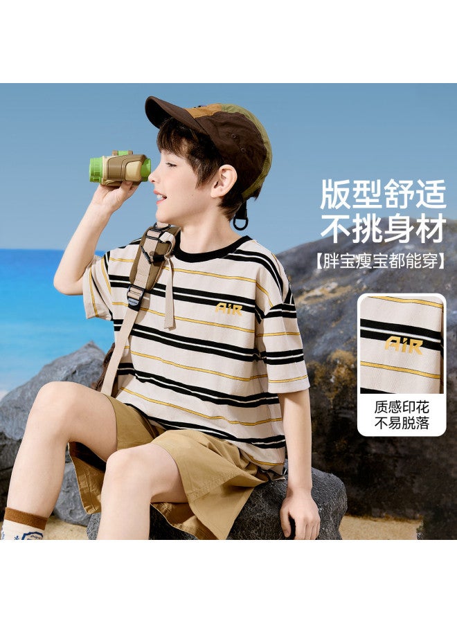 abckids Boy's Short Sleeve T-shirt, 25 Summer Knitted Color-block Striped Mid-child Breathable Running Sports T-shirt - Image 5