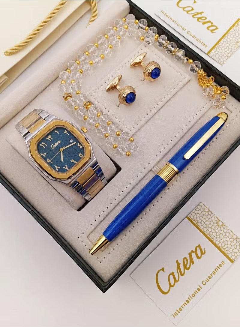 كاتيرا طقم هدايا ساعة يد رجالية Waterproof عالية الجودة وأنيقة من كاتيرا، مزينة بحروف عربية