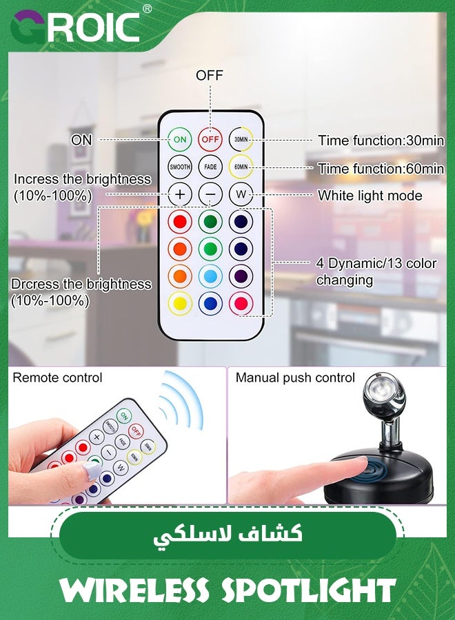 GROIC 2Pcs Wireless Spotlight, 13 Colors CRGB LEDs Under Cabinet Lamp with Controller, Brightness Adjustable Dimmable 30/60Mins Timing Supported 13 Colors C/Smooth/Fade 2 Lighting Modes  - Image 4