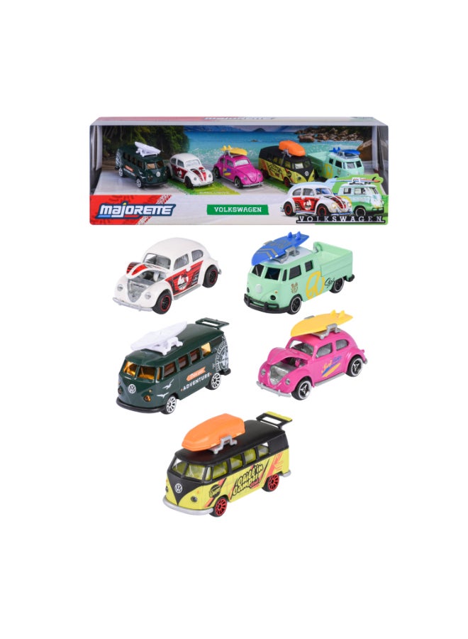 Majorette Volkswagen 5 Diecast Giftpack, 5 Officially Licensed VW Model Cars, 1:64 Scale Metal Toy Vehicles with Freewheel, Suspension, Opening Parts and Accessories, 7.5 cm, Ages 3+ - Image 1