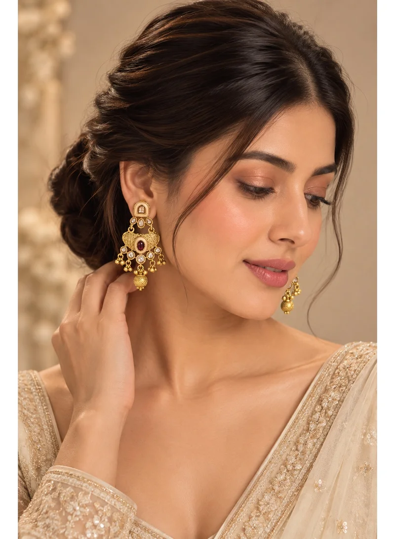Lehar Polki-Style Maroon Stone Temple Earrings - Indian Festive Wear