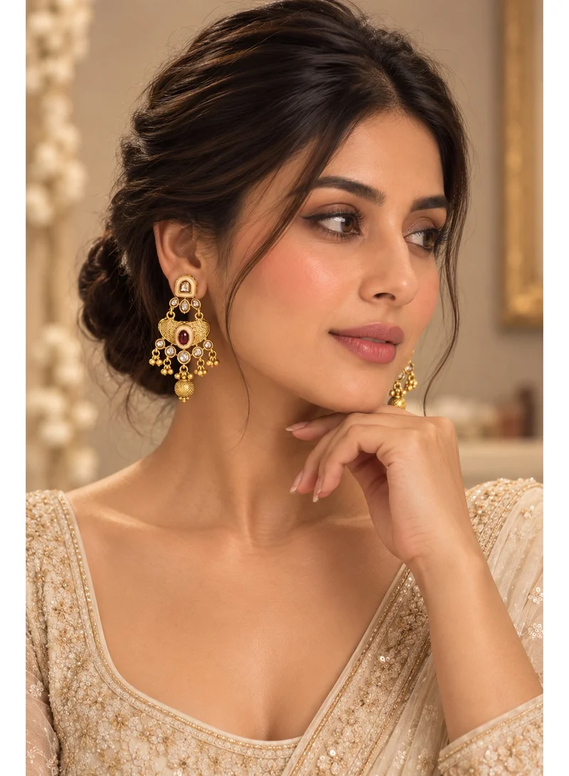 Lehar Polki-Style Maroon Stone Temple Earrings - Indian Festive Wear