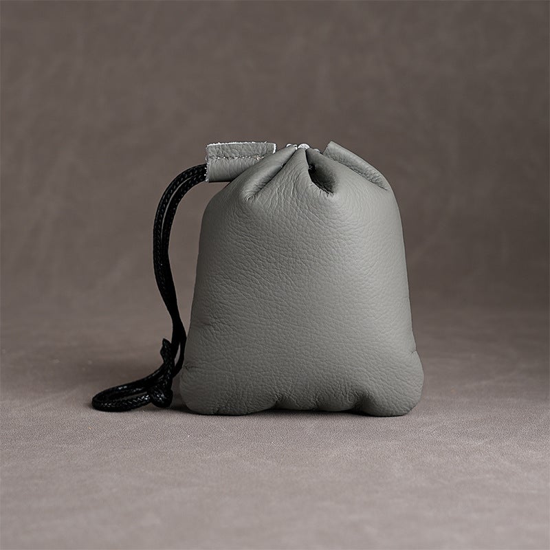 Vintage Leather Drawstring Coin Pouch small gray