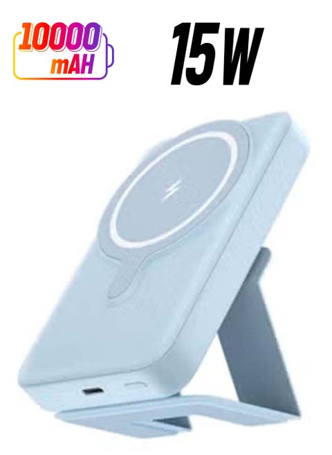 Magnetic Wireless Portable Charger 10000mAh MagSafe Battery Pack 15W Fast Charging USB-C Power Bank Foldable Stand Compatible iPhone 14/13/12 Pro Max Plus Mini (Blue)