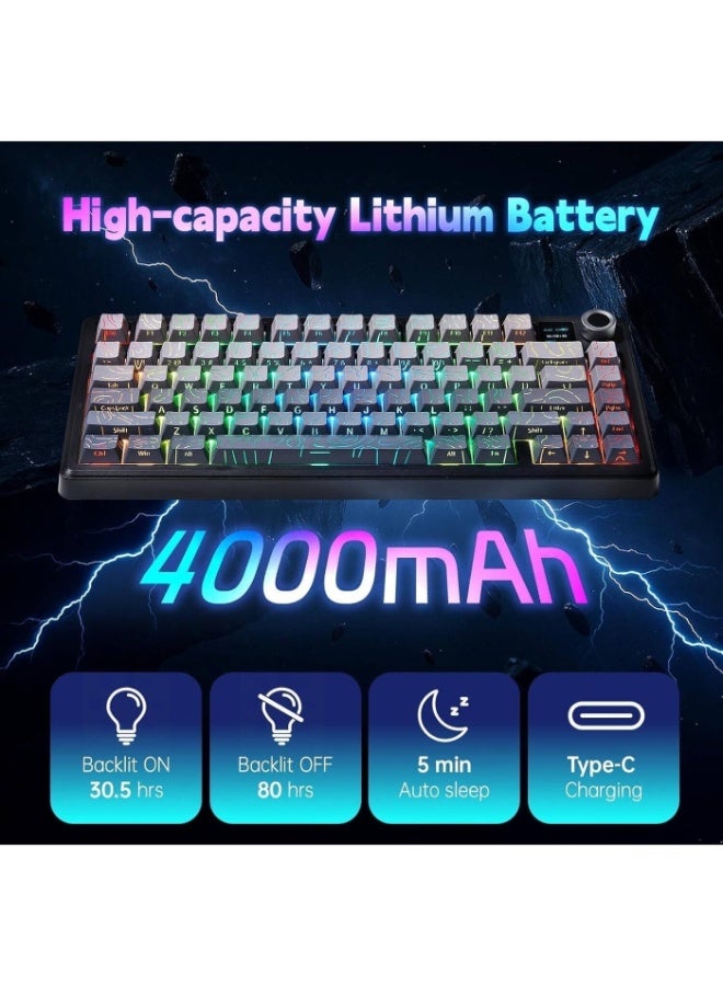 AULA F75 MAX mechanical gaming keyboard is a three-mode wireless keyboard with a TFT screen, joystick, and hot-swappable keys. It features a creamy gasket design and supports 2.4GHz Type-C cable and Bluetooth 5.0 connectivity for PC, Mac, and desktop. - Image 3