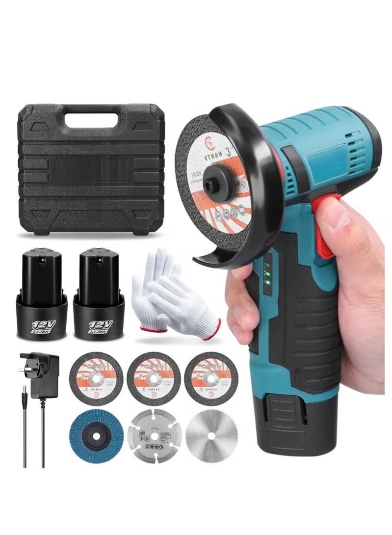 WALALLA Angle Grinder Tool, Mini Angle Grinder, Cordless Electric Angle Grinding Tool 12V 19500RPM with 2PCS 2000mAh Battery, Nylon Cutting Blade-s/Grinding Disc/Metal Cutting Disc - Image 1
