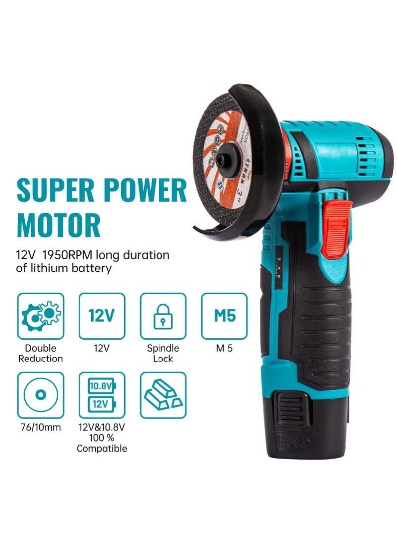 WALALLA Angle Grinder Tool, Mini Angle Grinder, Cordless Electric Angle Grinding Tool 12V 19500RPM with 2PCS 2000mAh Battery, Nylon Cutting Blade-s/Grinding Disc/Metal Cutting Disc - Image 3