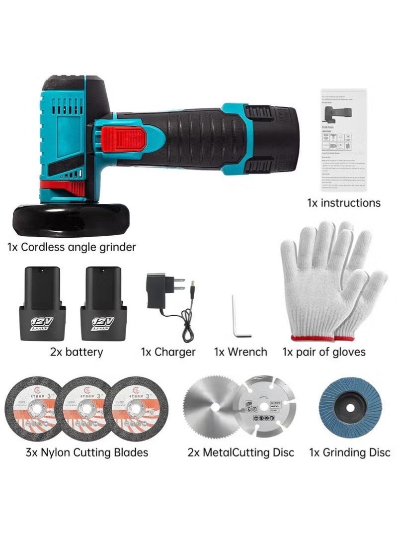 WALALLA Angle Grinder Tool, Mini Angle Grinder, Cordless Electric Angle Grinding Tool 12V 19500RPM with 2PCS 2000mAh Battery, Nylon Cutting Blade-s/Grinding Disc/Metal Cutting Disc - Image 4