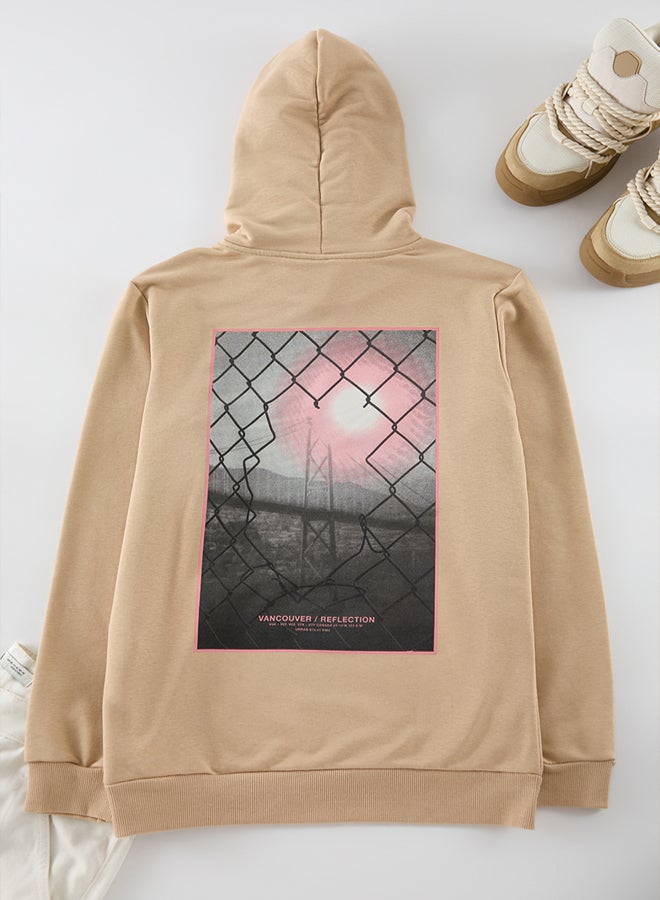 trendyol Stone Regular/Normal Cut Hooded Back Printed Cotton Without Raised Sweatshirt - Image 1